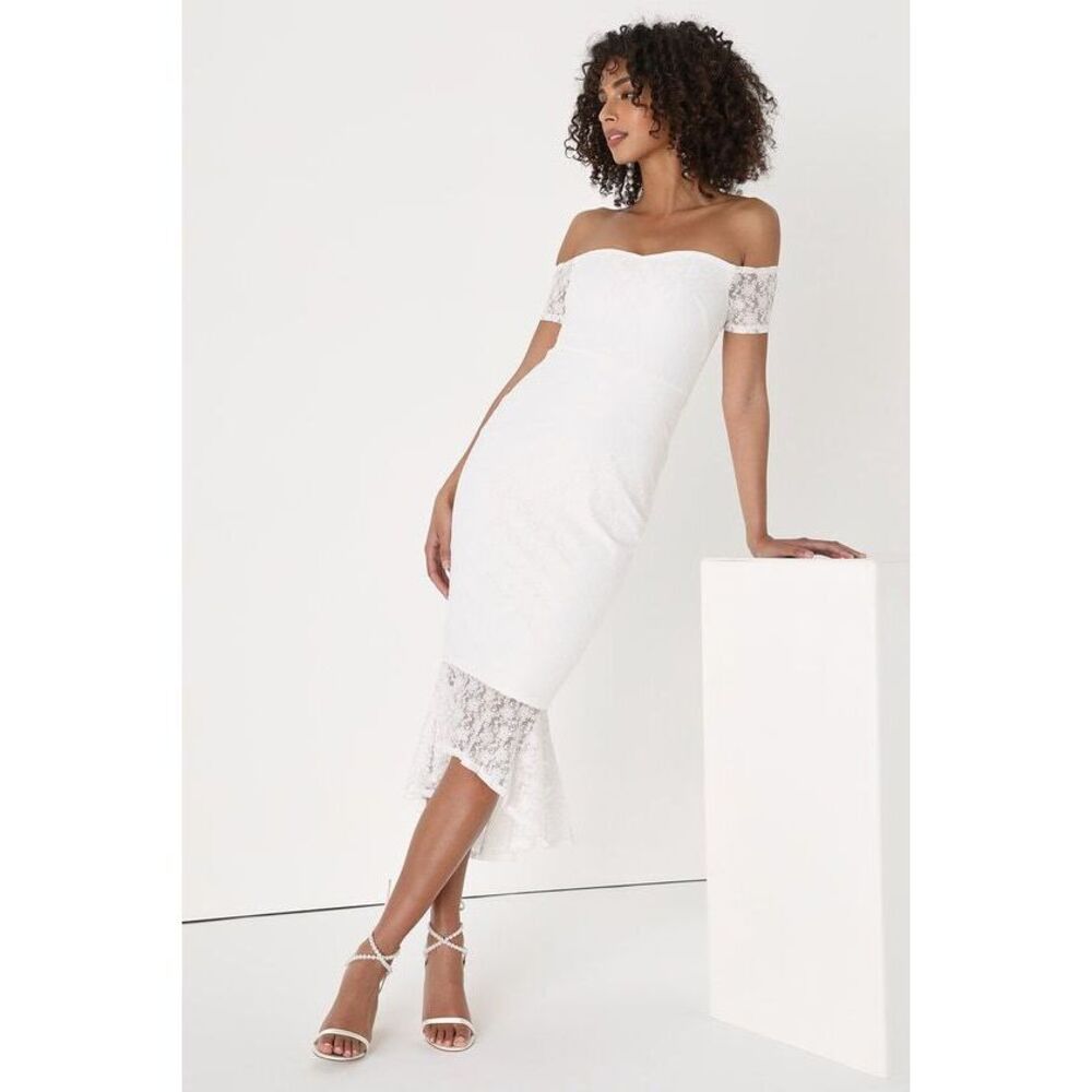 NWT Lulus Definition Of Gorgeous Ivory Lace Off-the-shoulder Midi Dress White